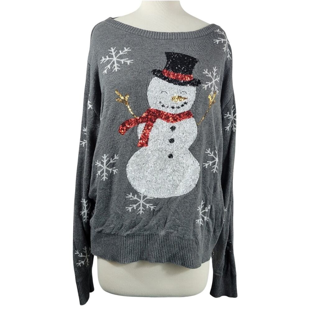 Tipsy Elves Womens Sequined Snow Day Ugly Christmas Sweater Snowman Grey XXL